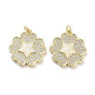 Brass Micro Pave Clear Cubic Zirconia Pendants, with Synthetic Opal and Jump Rings, Real 18K Gold Plated, Flower with Star Charms, White, 21.5x20.5x3mm, Hole: 3mm(KK-L213-020G)