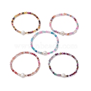 8mm Faceted Round Natural Agate(Dyed & Heated) Beaded Stretch Bracelets, Natural Cultured Freshwater Pearl Bracelets for Women, Mixed Color, Inner Diameter: 2-1/8 inch(5.5cm)(BJEW-JB10479)