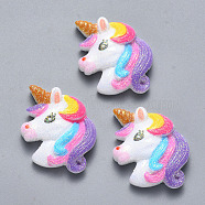 Resin Cabochons, with Glitter Powder, Unicorn, Colorful, 25.5x24x5mm(X-CRES-N022-36)