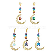 Alloy Moon Pendant Decorations, with Stainless Steel Lobster Claw Clasps and Gemstone Chip Bead, Glass Star, Mixed Color, 84mm(HJEW-JM01004)