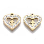 201 Stainless Steel Pendants, Crosslet Heart Pendants, with Polymer Clay Crystal Rhinestone, Heart with Cross, Golden, 17x16x2.5mm, Hole: 1.6mm(STAS-N091-13G)
