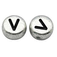Silver Color Plated Acrylic Horizontal Hole Letter Beads, Flat Round, Letter.V, 7x3.5mm, Hole: 1mm, about 3600pcs/500g(MACR-PB43C9070-V)