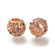 Rack Plating Alloy Rhinestone European Beads, Large Hole Beads, Round with Flower, Rose Gold, 11x9.5mm, Hole: 5mm(PALLOY-P307-04RG)