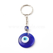 Flat Round with Evil Eye Lampwork Keychain, with Iron Split Key Rings, Blue, Platinum, 9.3cm(KEYC-JKC00249-01)