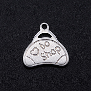 201 Stainless Steel Charms, Handbag with Word to Shop, Stainless Steel Color, 14x14x1mm, Hole: 1.4mm(STAS-S105-T753)