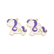 Golden Plated Alloy Enamel Pendants, Cadmium Free & Lead Free, Unicorn Charm, Blue Violet, 26x34x1mm, Hole: 1.8mm(ENAM-Z017-01G)