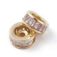 Brass Beads, with Clear Cubic Zirconia, Long-Lasting Plated, Column, Golden, 8x3.5mm, Hole: 1.6mm(KK-I665-04B-G)