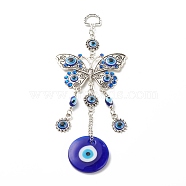 Alloy & Glass Turkish Blue Evil Eye Pendant Decoration, with Butterfly Charm, for Home Wall Hanging Amulet Ornament, Antique Silver, 195mm, Hole: 13.5x10mm(HJEW-I008-02AS)