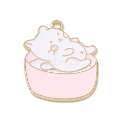 Alloy Enamel Pendant, Golden, Bowl with Cat Charm, Misty Rose, 33.5x26.5x1.5mm, Hole: 2.4mm(FIND-H040-01C)