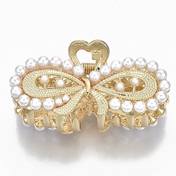 Alloy Claw Hair Clips, with ABS Plastic Imitation Pearl, Long-Lasting Plated, Textured, Bowknot with Heart, Light Gold, White, 26x53x26mm(PHAR-N004-018)