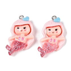 Opaque Resin Pendants, with Glitter Powder and Platinum Tone Iron Loops, Mermaid, Pink, 34x18x6mm, Hole: 2mm(X-RESI-D055-037P)