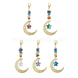 Alloy Moon Pendant Decorations, with Stainless Steel Lobster Claw Clasps and Gemstone Chip Bead, Glass Star, Mixed Color, 84mm(HJEW-JM01004)