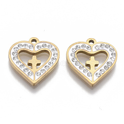 201 Stainless Steel Pendants, Crosslet Heart Pendants, with Polymer Clay Crystal Rhinestone, Heart with Cross, Golden, 17x16x2.5mm, Hole: 1.6mm(STAS-N091-13G)