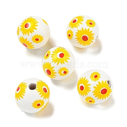 Printed Wood European Beads, Round with Daisy Pattern, Gold, 15.5~16mm, Hole: 4~4.5mm(WOOD-G022-19C)