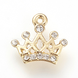 Alloy Rhinestone Charms, Crown, Golden, 11.5x12x2mm, Hole: 1mm(X-ALRI-Q093-192G)