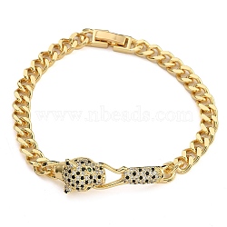 Brass Micro Pave Cubic Zirconia Link & Charm Bracelets, Real 18K Gold Plated, Leopard, Black, 7-1/4 inch(18.5cm)(BJEW-K261-02G-01)