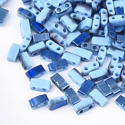 Electroplate Opaque Glass Seed Beads, 2-Hole, Rectangle, Light Sky Blue, 4.5~5.5x2x2~2.5mm, Hole: 0.5~0.8mm(SEED-S023-18B-03E)