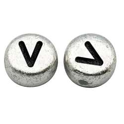 Silver Color Plated Acrylic Horizontal Hole Letter Beads, Flat Round, Letter.V, 7x3.5mm, Hole: 1mm, about 3600pcs/500g(MACR-PB43C9070-V)