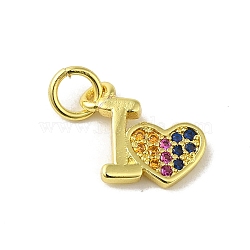 Real 18K Gold Plated Brass Pave Cubic Zirconia Pendants, with Jump Rings, Heart, Colorful, 10x12x1.5mm, Hole: 3mm(KK-M283-08D-02)