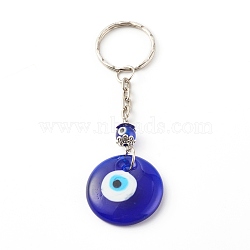 Flat Round with Evil Eye Lampwork Keychain, with Iron Split Key Rings, Blue, Platinum, 9.3cm(KEYC-JKC00249-01)