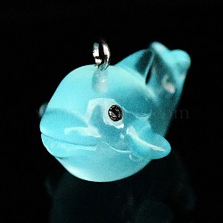 Luminous Translucent Resin Pendants, Shark Charm, with Platinum Tone Iron Loops, Sky Blue, 20.5x23x27mm, Hole: 2.5mm(RESI-A017-07A)