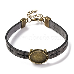 Hollow Cross PU Leather Bracelet Making, with Flat Round Alloy Tray Settings, Antique Bronze, Gray, 7-7/8 inch(20cm), 10.5mm, Tray: 18mm(MAK-I020-01C)