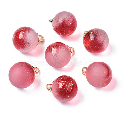Two Tone Transparent Spray Painted Glass Pendants, with Light Gold Plated Brass Loop, Frosted, with Glitter Powder, Round Charms, Crimson, 14x10mm, Hole: 2mm(GLAA-N035-020B-C05)