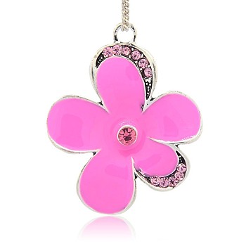 Antique Silver Plated Enamel Flower Pendants, with Rhinestones, Hot Pink, 50x39x7mm, Hole: 4mm