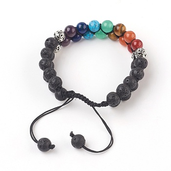 Chakra Natural Lava Rock Braided Bead Bracelets, with Natural & Synthetic Mixed Stone and Alloy Findings, Antique Silver, 2-3/8 inch(6cm)