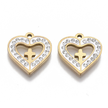 201 Stainless Steel Pendants, Crosslet Heart Pendants, with Polymer Clay Crystal Rhinestone, Heart with Cross, Golden, 17x16x2.5mm, Hole: 1.6mm