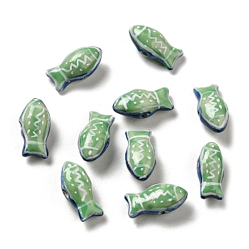 Handmade Printed Porcelain Beads, Famille Rose Porcelain, Fish, Lime Green, 11x21.5~22x9mm, Hole: 1.5~1.8mm