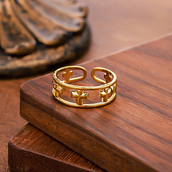 Hollow Out 304 Stainless Steel Cuff Open Rings, Cross, Golden, Inner Diameter: 15~20mm