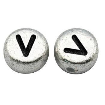 Silver Color Plated Acrylic Horizontal Hole Letter Beads, Flat Round, Letter.V, 7x3.5mm, Hole: 1mm, about 3600pcs/500g