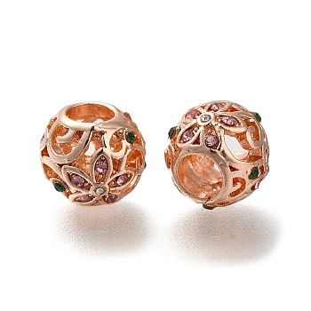 Rack Plating Alloy Rhinestone European Beads, Large Hole Beads, Round with Flower, Rose Gold, 11x9.5mm, Hole: 5mm