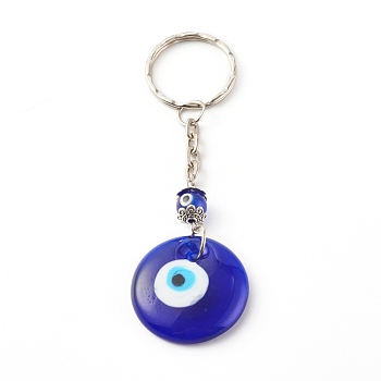 Flat Round with Evil Eye Lampwork Keychain, with Iron Split Key Rings, Blue, Platinum, 9.3cm