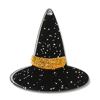 Halloween Theme Translucent Acrylic Pendants, Glitter Witch Hat Charms, Goldenrod, 40x35.5x4mm, Hole: 1.8mm