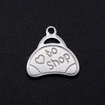 201 Stainless Steel Charms, Handbag with Word to Shop, Stainless Steel Color, 14x14x1mm, Hole: 1.4mm