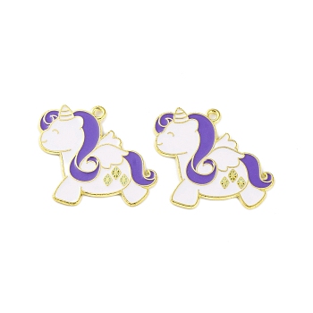 Golden Plated Alloy Enamel Pendants, Cadmium Free & Lead Free, Unicorn Charm, Blue Violet, 26x34x1mm, Hole: 1.8mm