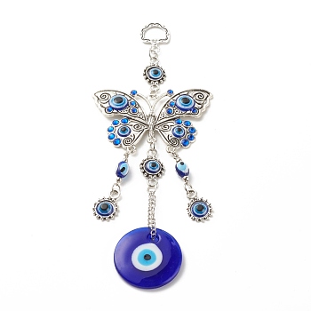 Alloy & Glass Turkish Blue Evil Eye Pendant Decoration, with Butterfly Charm, for Home Wall Hanging Amulet Ornament, Antique Silver, 195mm, Hole: 13.5x10mm
