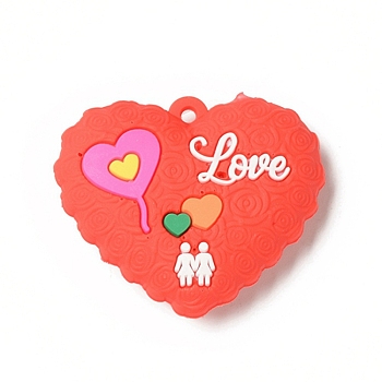 Opaque Resin Pendants, Love Heart Charm, Orange Red, Word Love, Heart Pattern, 36x45x10mm, Hole: 3mm