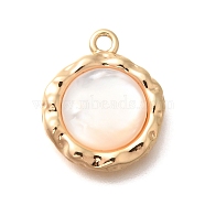 Brass Pave Natural White Shell Pendants, Textured Flat Round Charms, Real 18K Gold Plated, 17.5x15x4mm, Hole: 1.8mm(KK-B127-10G)