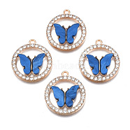 Alloy Rhinestone Pendants, with Acrylic, Cadmium Free & Lead Free, Ring with Butterfly, Light Gold, Blue, 24.5x22x3.5mm, Hole: 1.6mm(PALLOY-S183-001B-RS)
