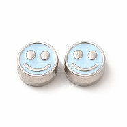 Rack Plating Alloy Enamel Beads, Cadmium Free & Nickel Free & Lead Free, Flat Round with Smiling Face Pattern, Platinum, Light Cyan, 7.5x4mm, Hole: 2mm(FIND-G051-01P-05)