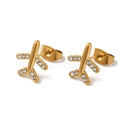 304 Stainless Steel Crystal Rhinestone Stud Earrings for Women, Golden, Airplane, 11.5x11mm(EJEW-C094-01E-G)