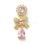 Brass Micro Pave Clear Cubic Zirconia Pendants, with Pink Glass, Bowknot with Teardrop, Real 18K Gold Plated, 27mm, Hole: 5.5x2mm(KK-I695-030G)