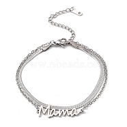 Mother's Day 304 Stainless Steel Mama 2-Strand Snake Chains Bracelets, for Women, Stainless Steel Color, 6-5/8 inch(16.7cm)(BJEW-Q335-02P)