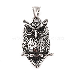 316 Surgical Stainless Steel Big Pendants, with Rhinestone, Owl Charm, Antique Silver, 41x24.5x8mm, Hole: 4x8.5mm(STAS-Z073-35AS)