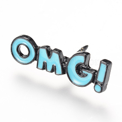 Alloy Enamel Brooches, Enamel Pin, with Brass Finding, Word OMG, Gunmetal, Sky Blue, 7.7x23mm, Pin: 1.2mm(JEWB-Q026-02B)