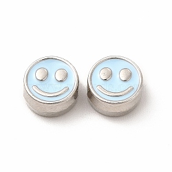 Rack Plating Alloy Enamel Beads, Cadmium Free & Nickel Free & Lead Free, Flat Round with Smiling Face Pattern, Platinum, Light Cyan, 7.5x4mm, Hole: 2mm(FIND-G051-01P-05)