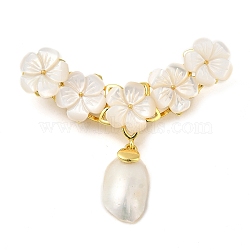 Peach Blossom Flower Natural White Shell Brooches for Women, with Brass Branch, Real Gold Plated, Golden, 44x50x6.5mm(JEWB-E031-02G)